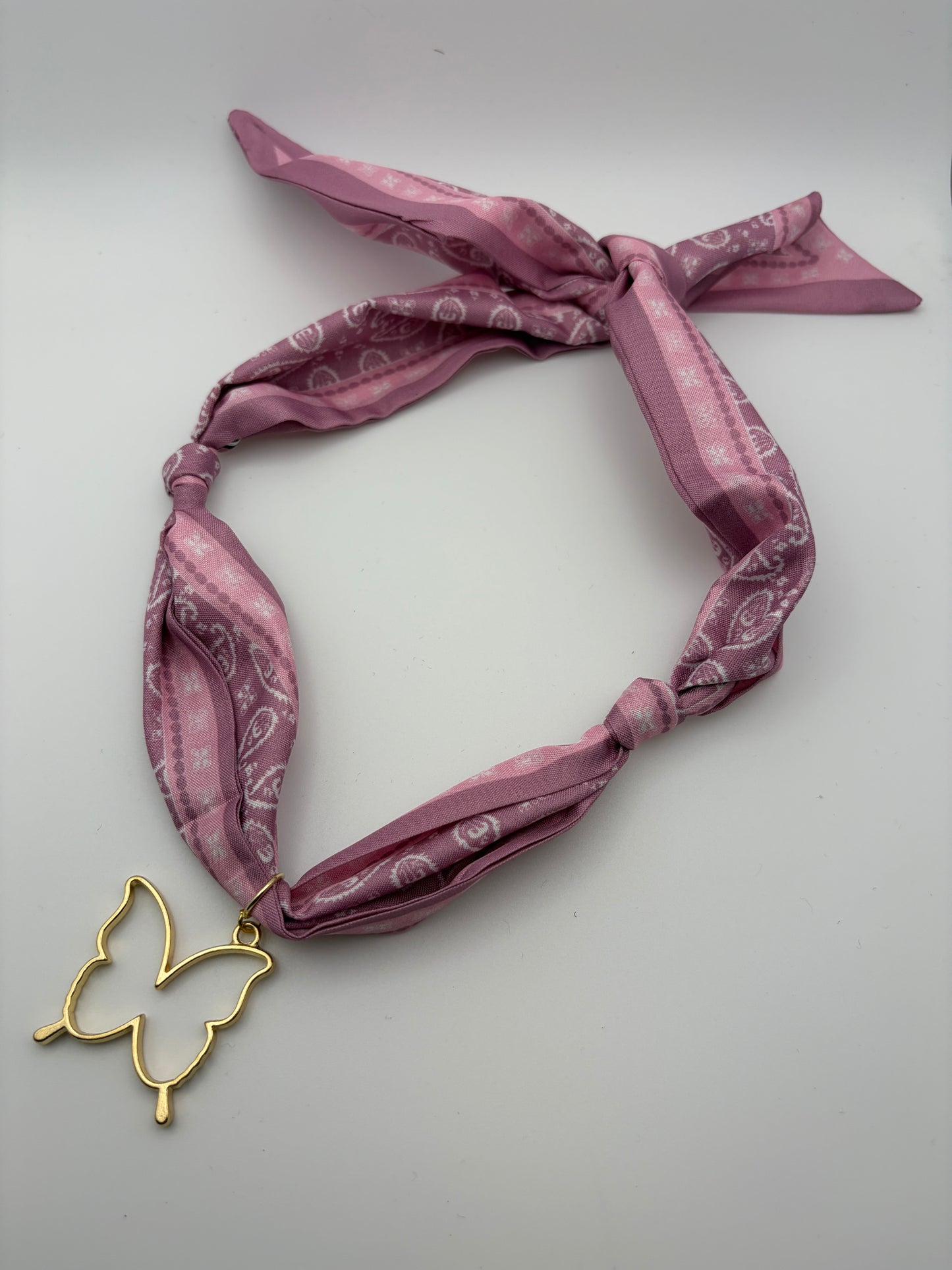Pink silk scarf butterfly necklace