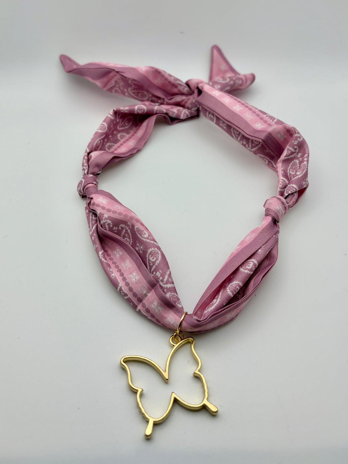 Pink silk scarf butterfly necklace