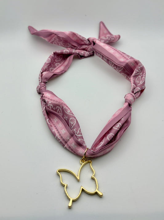 Pink silk scarf butterfly necklace