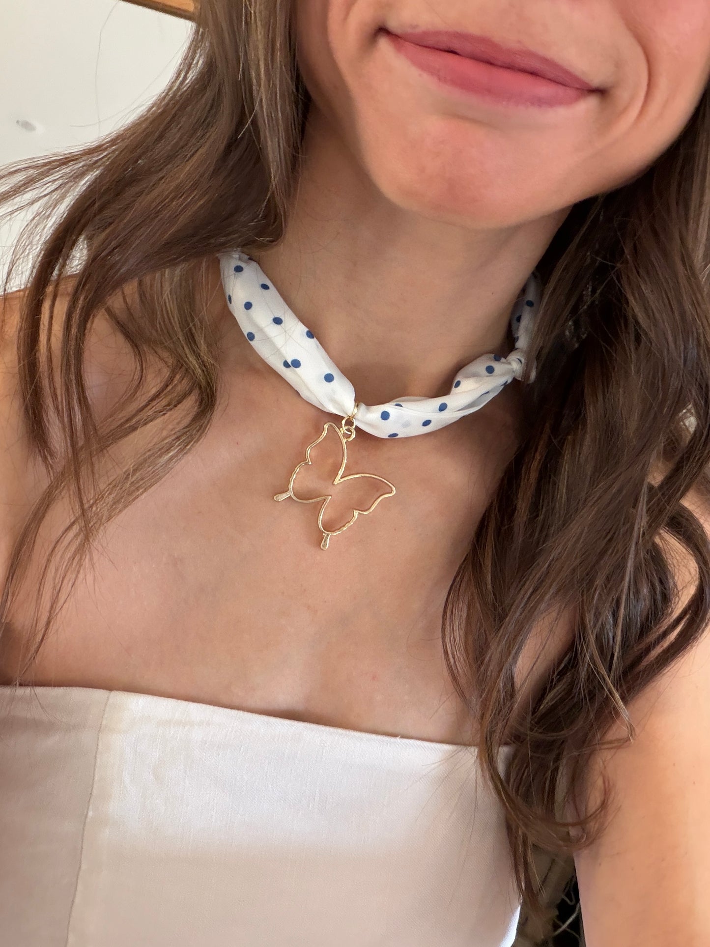 Blue polka dot butterfly scarf necklace