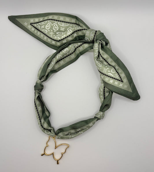 Green silk scarf butterfly necklace