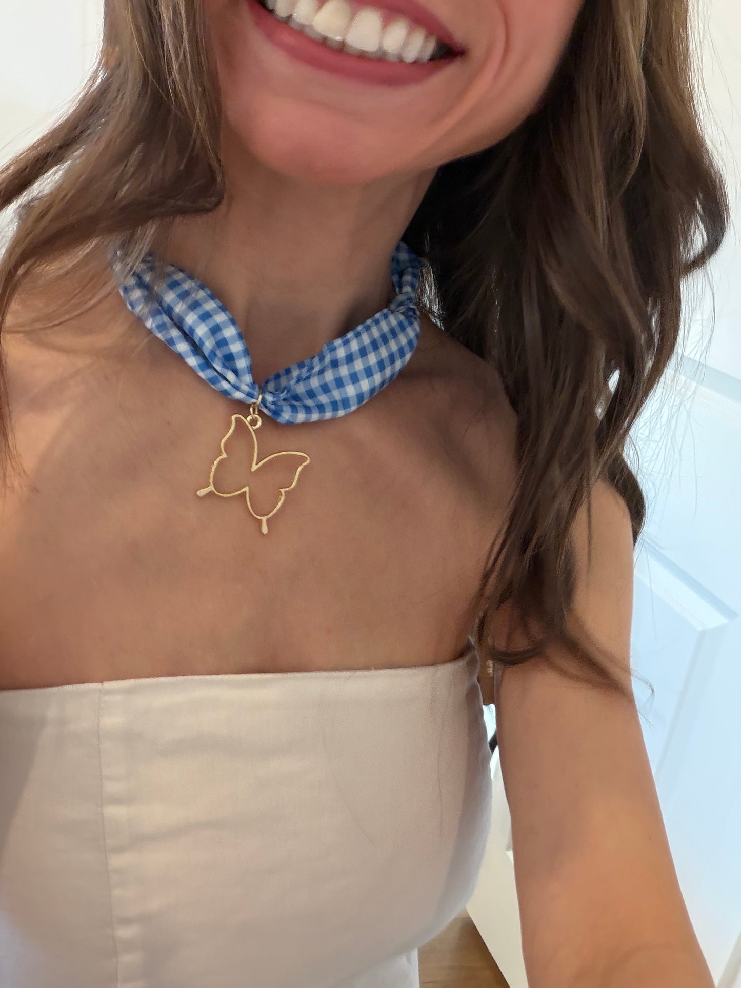 Blue & white checked silk bandana necklace