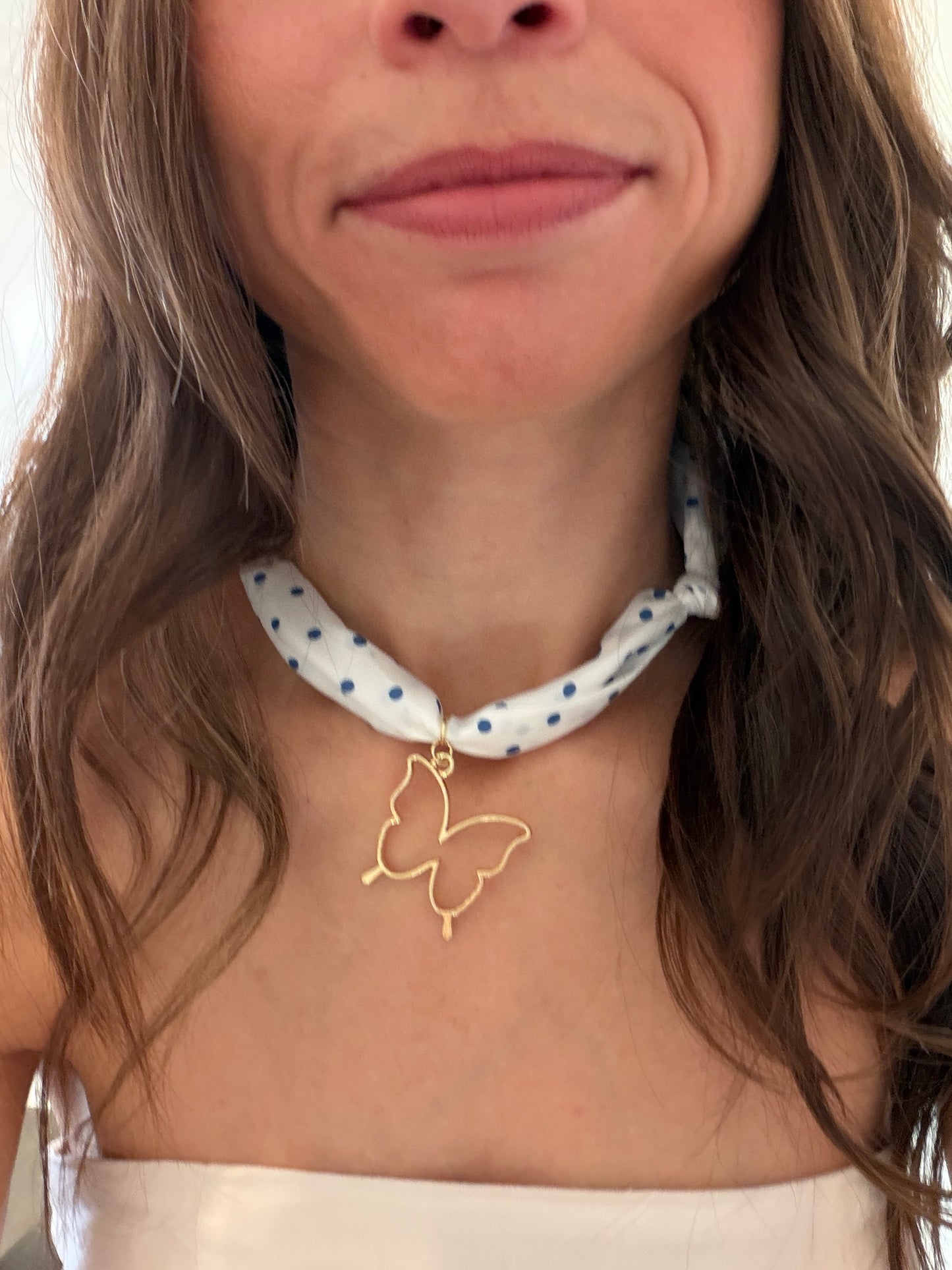 Blue polka dot butterfly scarf necklace