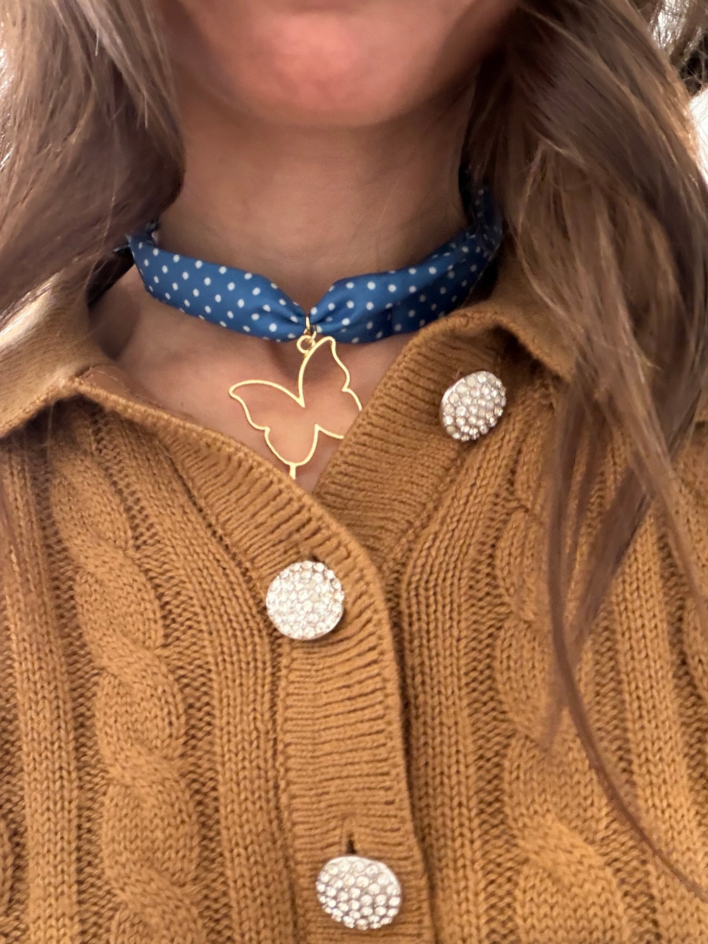 Blue & white polka dot silk bandana necklace