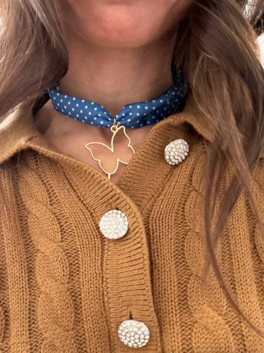 Blue & white polka dot silk bandana necklace